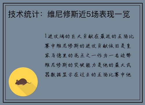技术统计：维尼修斯近5场表现一览