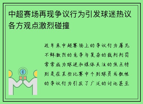中超赛场再现争议行为引发球迷热议各方观点激烈碰撞