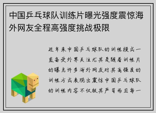 中国乒乓球队训练片曝光强度震惊海外网友全程高强度挑战极限 中国乒乓球队训练片曝光强度震惊海外网友全程高强度挑战极限